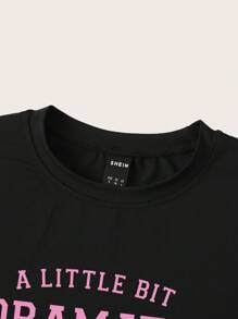 SHEIN Unity Letter Print Slim Fit Cropped T-Shirt For Summer A LITTLE BIT DRAMATIC - Black - View 3