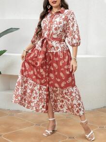 Mulvari Plus Size Women's Lantern Sleeve Peasant Printed Dress - Khaki - View 3
