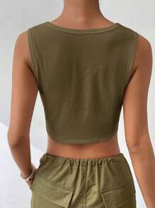 Muchica Áo crop top cổ tròn màu trơn mùa hè cho nữ - xanh quân đội - Xem 2