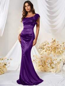 MUXXN 復古1950年代荷葉邊修飾人魚裙蕾絲禮服 - 紫色 - 查看 5