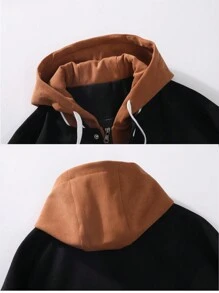 男士加大码长袖刺绣字母图案条纹饰边抽绳连帽夹克，复古摇滚风，秋季款