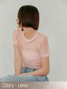 DAZY 女式夏季圆领网眼短袖透明上衣，返校服装 - 粉色 - 查看 15