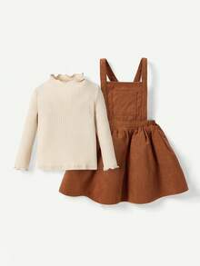 Cozy Pixies 嬰兒女童純色荷葉邊長袖上衣和連體裙套裝 - 棕色 - 查看 3