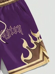 ROMWE MEN Street Life 男士火焰字母印花抽繩腰短褲 - 紫色 - 查看 3