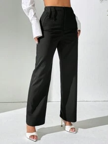 SHEIN PETITE Women's Solid Color Pleated Casual Straight Pants Fall Cloth For Women - Black - View 5