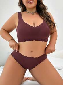 Plus Size Solid Color Bra And Panties Set With Scallop Edge - Coffee Brown - View 1