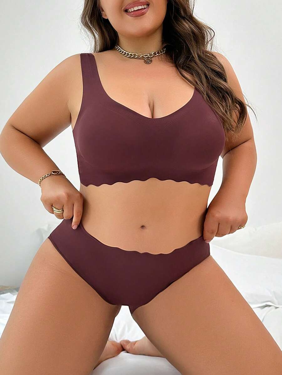 Plus Size Solid Color Bra And Panties Set With Scallop Edge - Coffee Brown - View 1