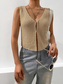 Chiquease Casual V-Neck Spring/Summer Knitted Cardigan - Khaki - View 7