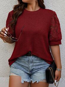 SHEIN LUNE Plus Size Solid Color Lace Splice Short Sleeve T-Shirt For Summer