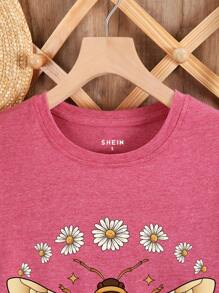 SHEIN LUNE Flower & Bee Pattern Printed Short Sleeve T-Shirt For Summer