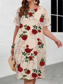 EMERY ROSE 優雅大尺碼女裝花卉印花短袖緊身連身裙，帶有玫瑰圖案 - 粉色 - 查看 3