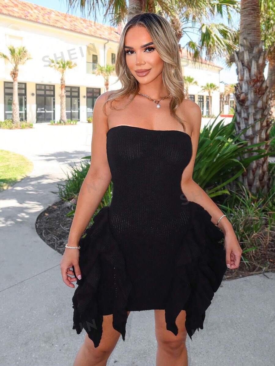 Zolique Vestido de verano de moda tejido con decoración de volantes y diseño sin tirantes