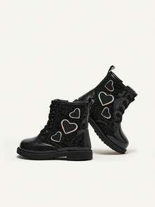 Botas elegante brillante con patrón de corazón princesa de niños - Negro - Ver 7