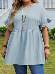 EMERY ROSE 大码女式时尚宽松圆领蕾丝袖浅蓝色衬衫母亲节 - 藍色 - 查看 5