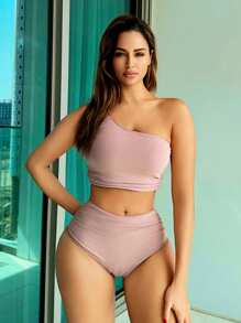 SHEIN Swim Summer Women's One Shoulder Ruffle Trim Tankini Set With Triangle Bottom - Dusty Pink - View 3