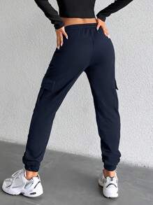 RueChic Women's Cargo Pocketed Jogger Sweatpants - Navy Blue - View 2