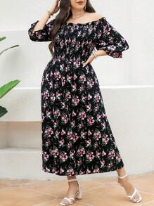 Mulvari Plus Size Summer Casual Off-Shoulder Floral Print A-Line Dress