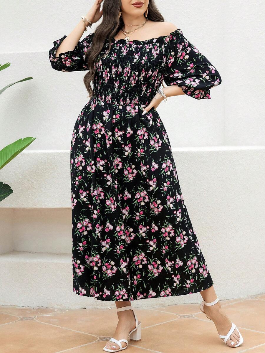 Mulvari Plus Size Summer Casual Off-Shoulder Floral Print A-Line Dress