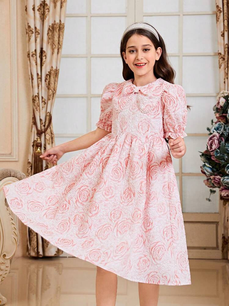 Tween Girls' Casual Floral Pattern Dress With Large Collar For Summer