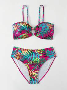 SHEIN Swim 夏季海滩女士海滩度假植物印花比基尼套装 - 彩色 - 查看 3