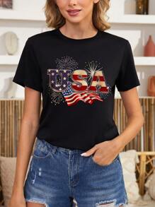 INAWLY Women's Fashionable Summer Short Sleeve T-Shirt With Usa Print Graphic Tees Women Tops