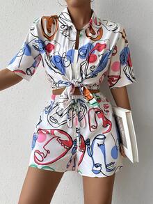 SHEIN Essnce Đầy màu sắc Con người Mặt Mẫu In Áo sơ mi Và Bộ quần short - Nhiều màu - Xem 4