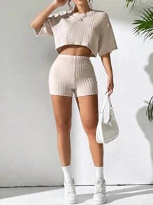 SHEIN EZwear 女士簡約純色短袖上衣和短褲套裝