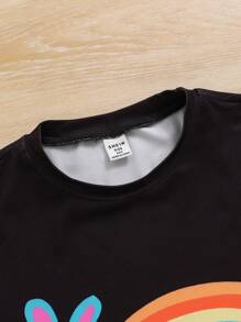 SHEIN Conjunto de top y shorts con estampado de flores de arcoíris para niña preadolescente - Multicolor - Ver 3