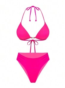 SHEIN Swim 夏日玫红色硬杯分体比基尼套装 - 玫紅色 - 查看 6