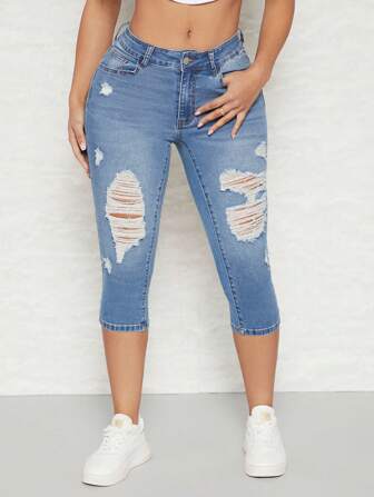 SHEIN SXY 腰細臀圓仿舊七分牛仔褲