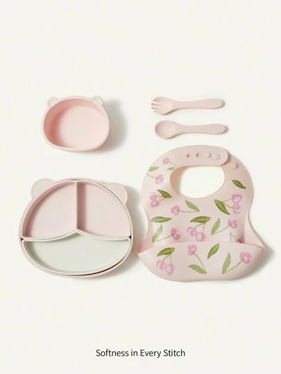 Cozy Pixies 5入組嬰兒餵食套裝,含矽膠吸盤碗、圍兜、訓練碗、叉子和湯匙