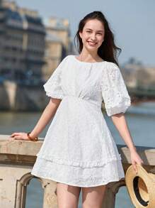 SHEIN Frenchy Summer Hollow Out Embroidery Bubble Sleeve Pleated A-Line Dress - White - View 5