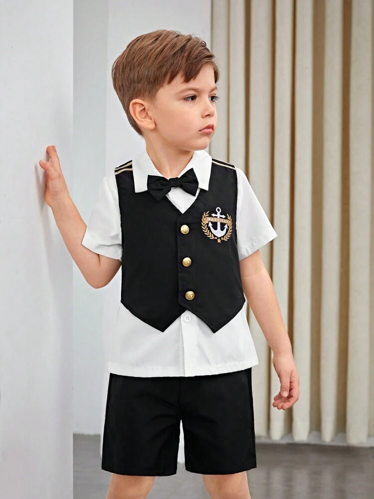 Young Boy Gentleman Style Simple Fashion Badge Decor Vest, Shorts, Shirt 3pcs/Set