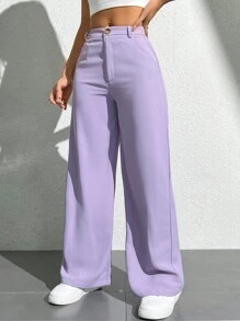 SHEIN PETITE Quần ống đứng màu trơn thường ngày có túi cho nữ - Màu tím - Xem 4