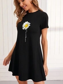 SHEIN Essnce 女士夏季休闲圆领雏菊印花短袖迷你紧身连衣裙 - 黑色 - 查看 4