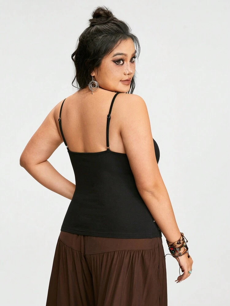 Plus Size Women's Tight Cropped Beaded Straps Lily & Thorns Printed Cami Top With Ribbon