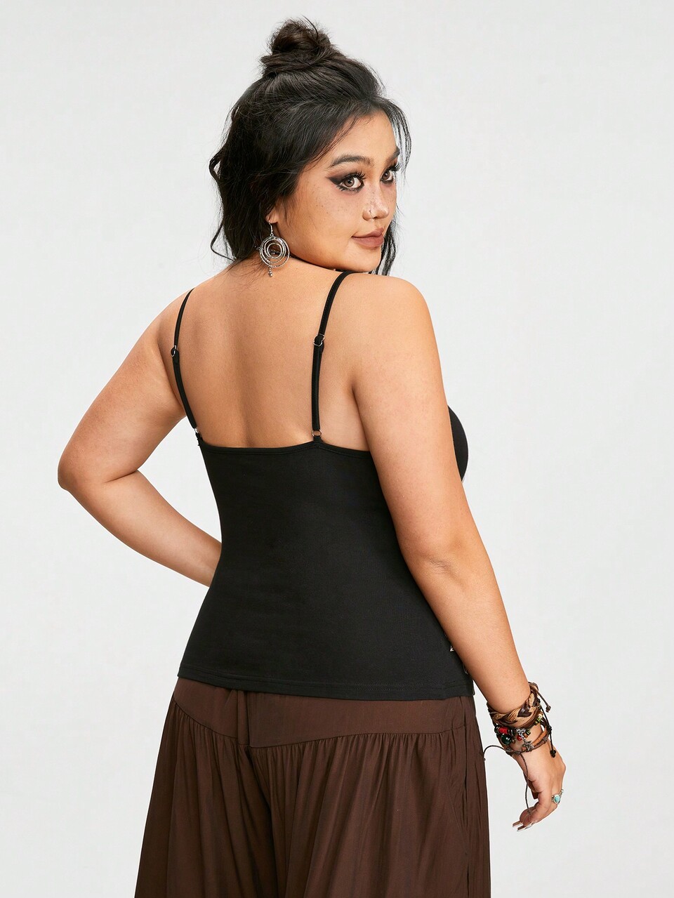 Plus Size Women's Tight Cropped Beaded Straps Lily & Thorns Printed Cami Top With Ribbon