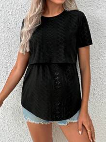 SHEIN Maternity Nursing Clothing Simple Round Neck Schiffy T-Shirt For Home Wear