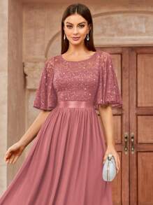 MIUSOL Elegant Sequin Floral Lace Ruffle Sleeve Ruched Chiffon Formal Party Dress Prom Evening Wedding Guest Gown, For Graduation, Dinner - Dusty Pink - View 8