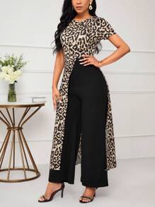 SHEIN Lady 女士圓領豹紋短袖連身褲 - 彩色 - 查看 6