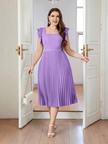 SHEIN Privé Plus Size Elegant And Intellectual Commuting Ruffled Short Sleeve Dress With Pleated Hem, Wedding Guest Dress - Mauve Purple - View 3