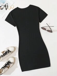 INAWLY 女士夏季短袖修身休閒連衣裙，帶字母和花卉印花，圓領設計 - 黑色 - 查看 2