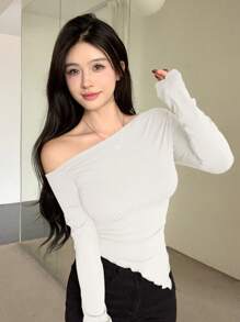 DAZY 女式不对称肩部生菜修身褶饰T恤长袖女式上衣 - 白色 - 查看 6