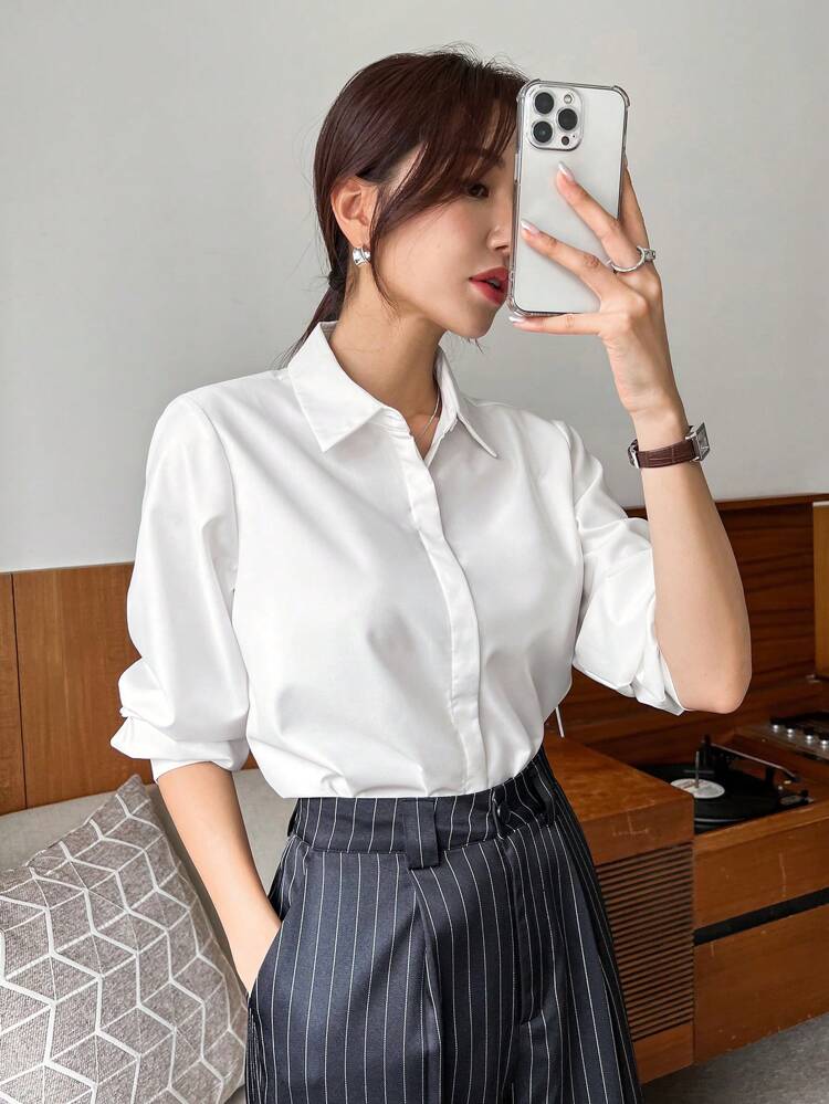 Solid Color Turn-Down Collar Long Sleeve Casual Shirt,Long Sleeve Tops Summer