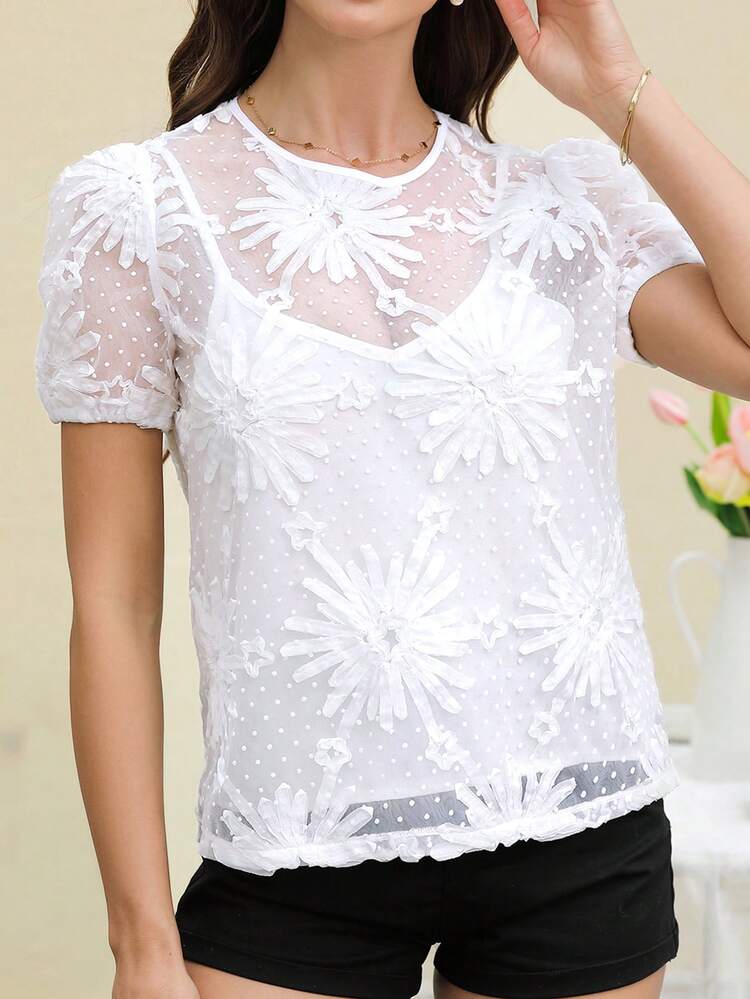 Cute And Elegant Summer Wedding Sticker Flower Bubble Sleeve Sheer Top