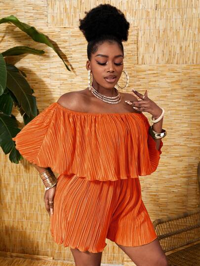 Slaydiva Off-shoulder Cổ xù Xếp li Chất vải Lỏng lẻo Romper