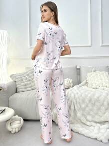 Butterfly & Plant Patterned Women's Short Sleeve & Long Pants Pajama Set