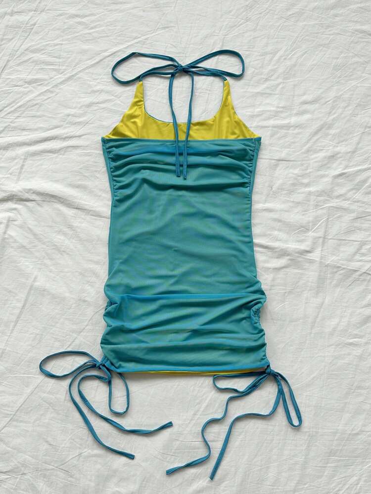 Ladies Holiday Music Festival Blue Elasticity Tight-Fitting Strap Halter & Side Drawstring Dress For Slimming