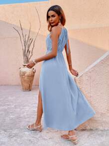Breezaya Ladies" Pleated Design Sleeveless Off-Shoulder Split Hem Dress - Dusty Blue - View 2