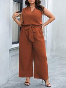 SHEIN Unity 夏季大码女式宽松V领衬衫和阔腿裤两件套 - 鏽棕色 - 查看 5